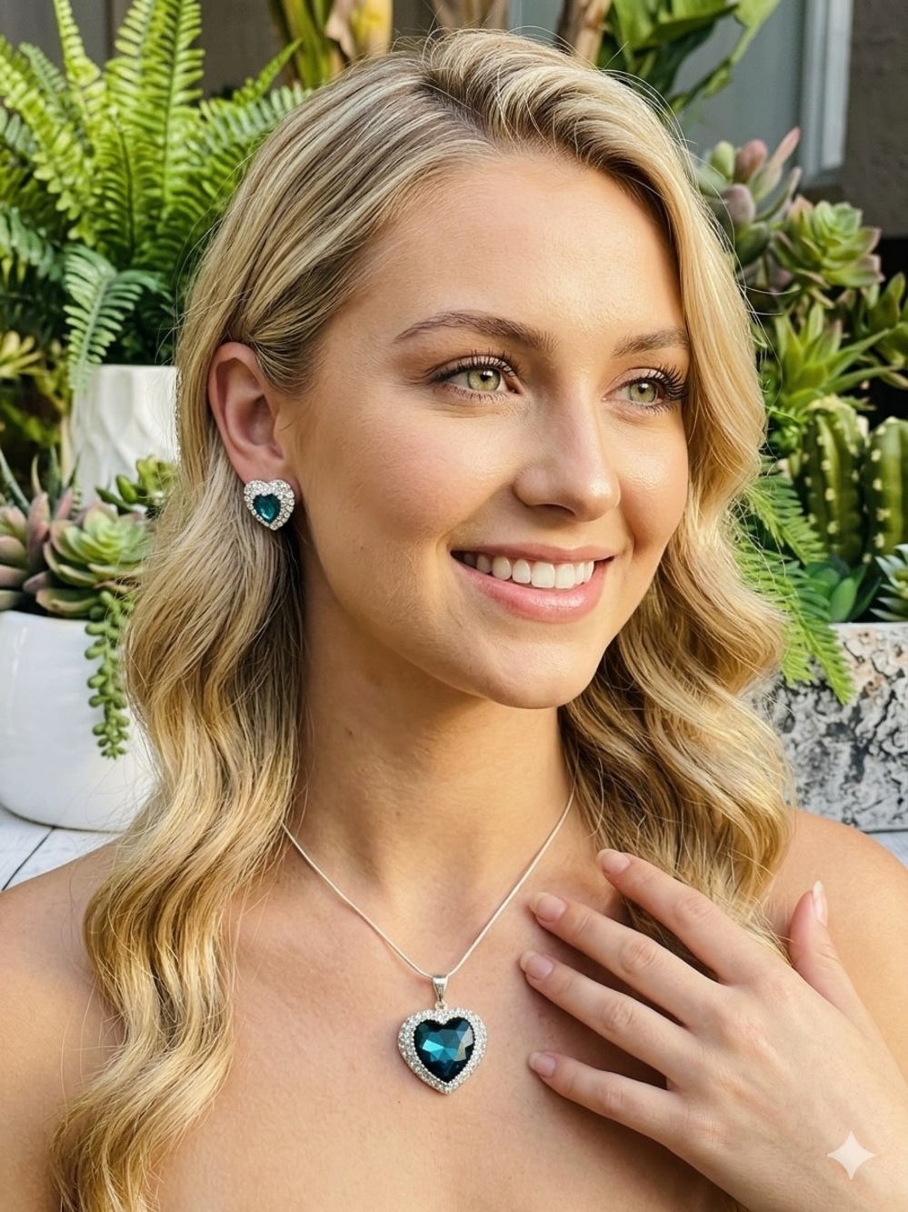 Sterling Silver‎ Heart Pendant & Earrings Set with Teal Blue Crystals